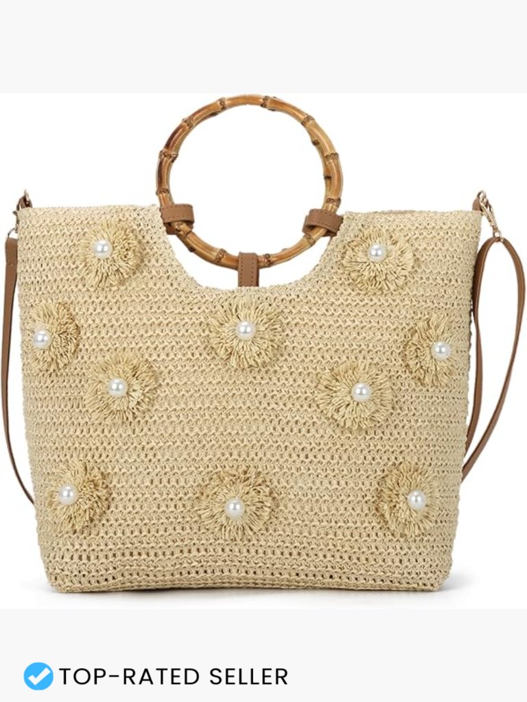 Woven Straw Tote Bag With Pearl Flower Detail Adjustable Crossbody Shoulder Bag